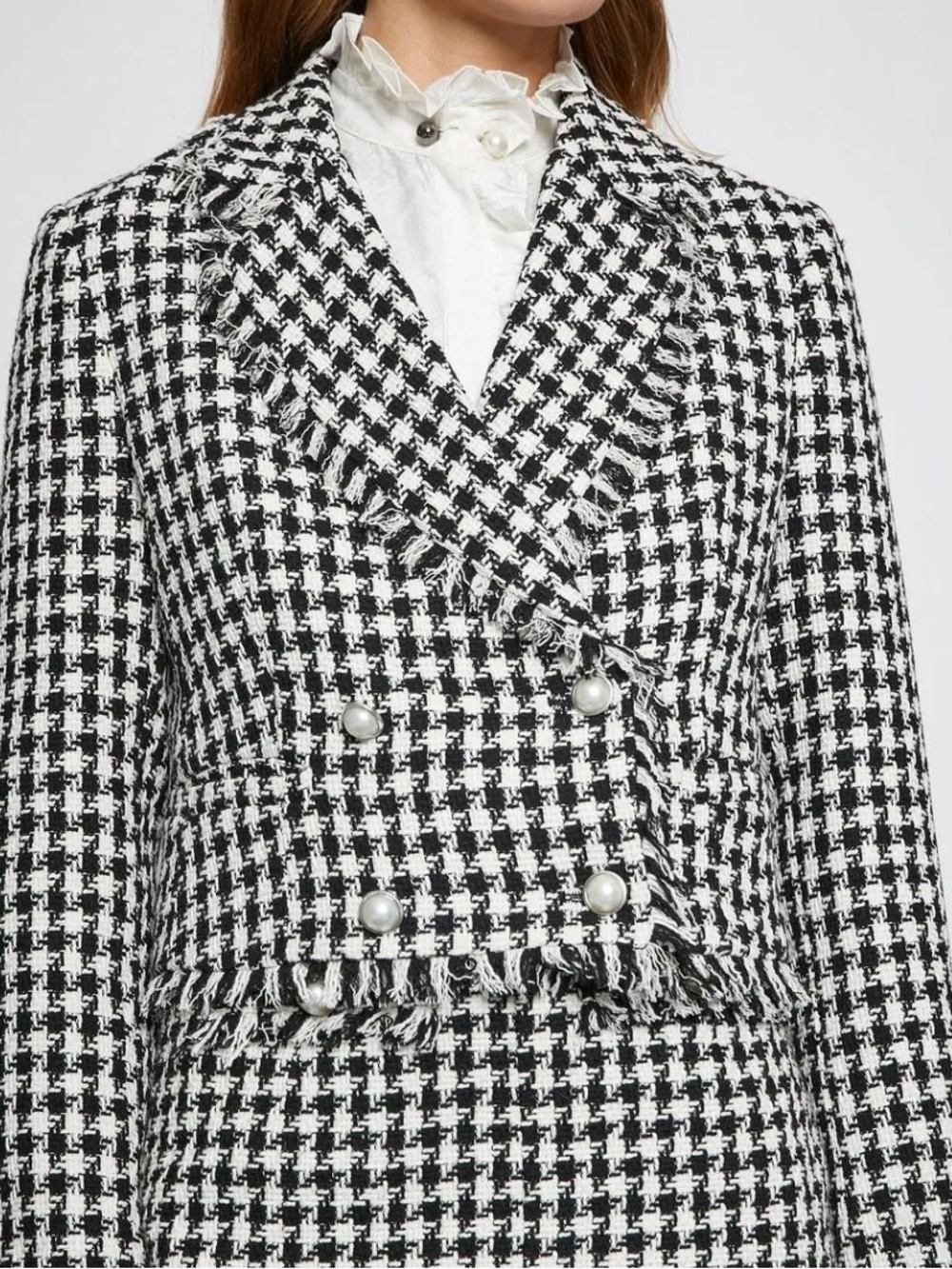 Classic Black & White Houndstooth Fringed Double-Breasted Blazer